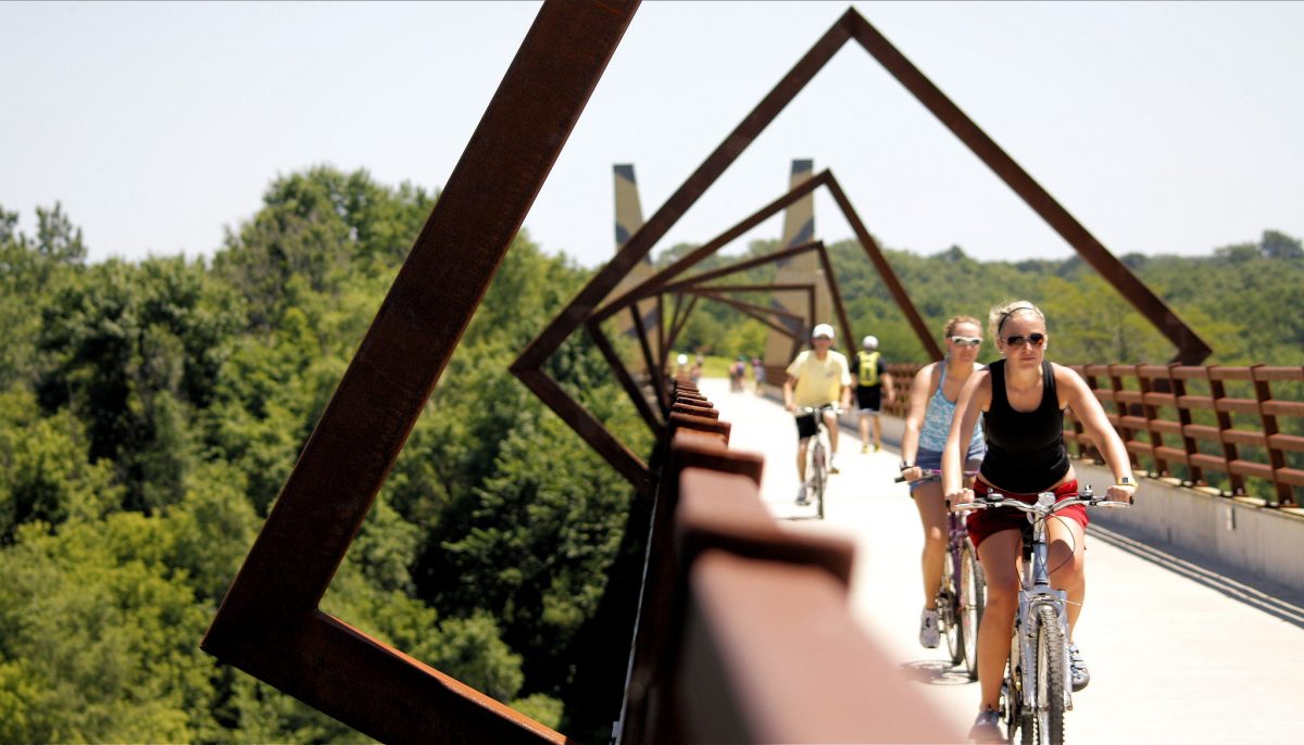 people cycling, High Trestle Trail Bridge, Iowa
