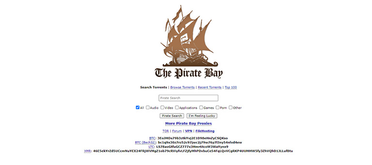 Pirate Bay Home page