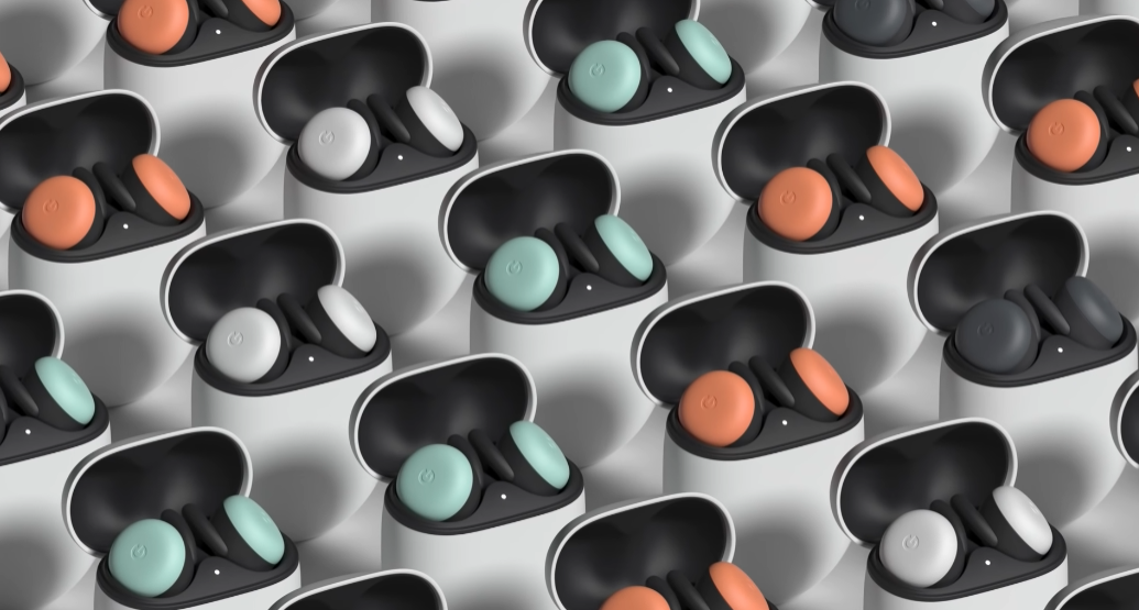 Google’s new wireless earbuds in colors white, green, orange and black