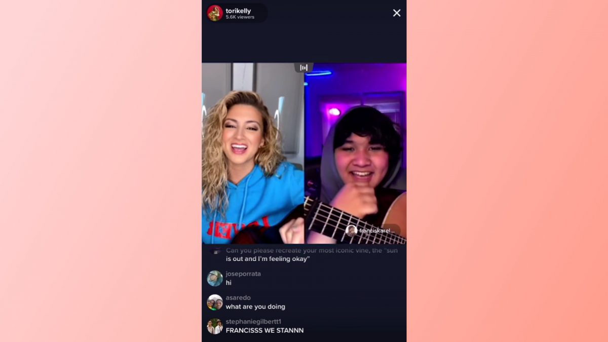 Singers Tori Kelly and Francis Karel doing a TikTok live together via split screen. 