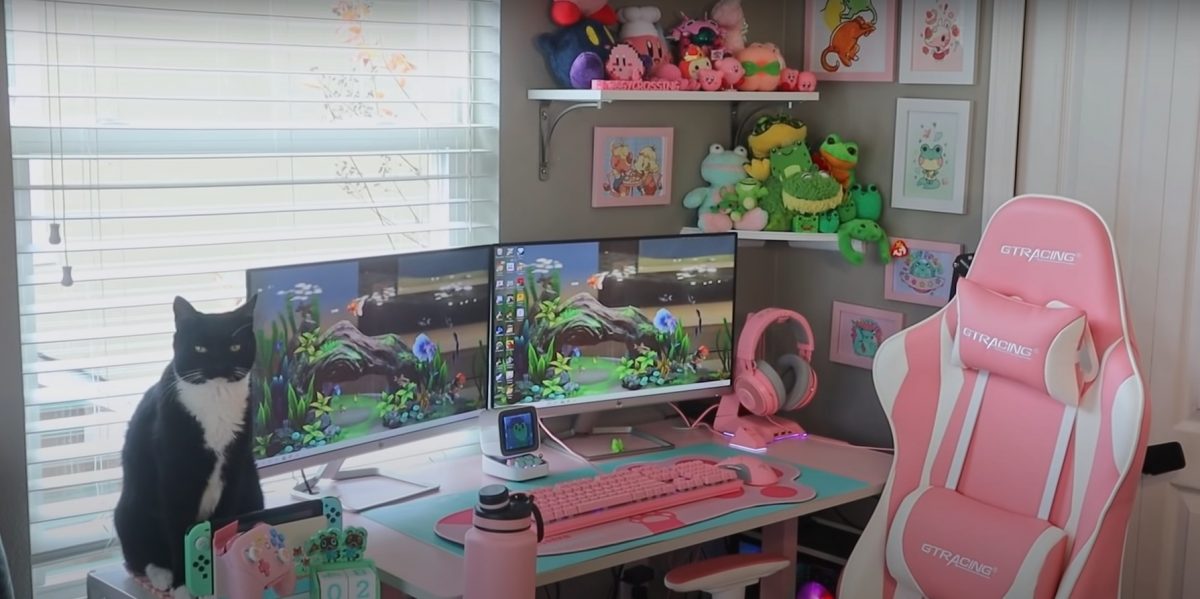 Simple gaming setup with plushies as decoration.