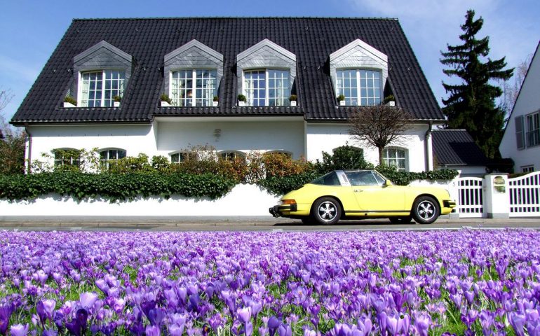 yellow car at lavender field