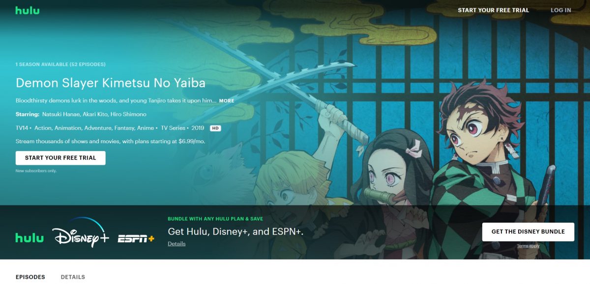 Screenshot of Hulu's Demon Slayer movie page