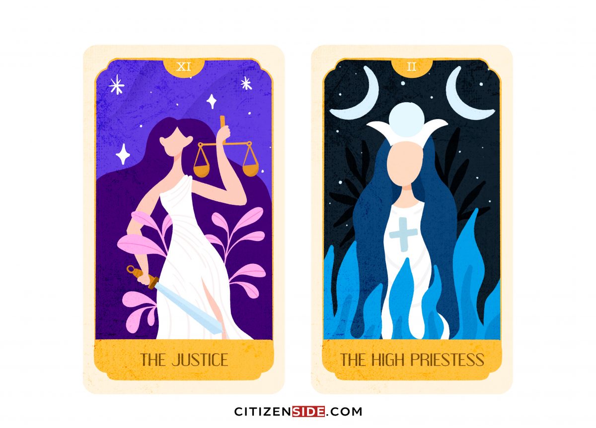 Justice and High Priestess Tarot Card