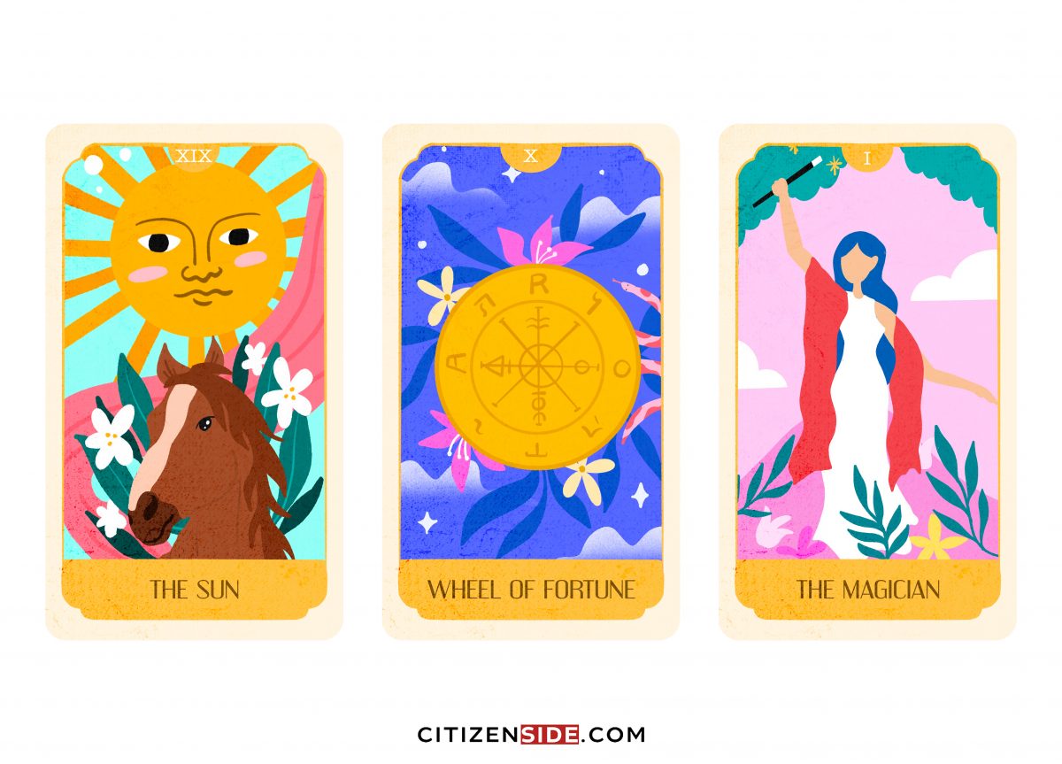Sun, Wheel, and Magician Tarot Birth Card