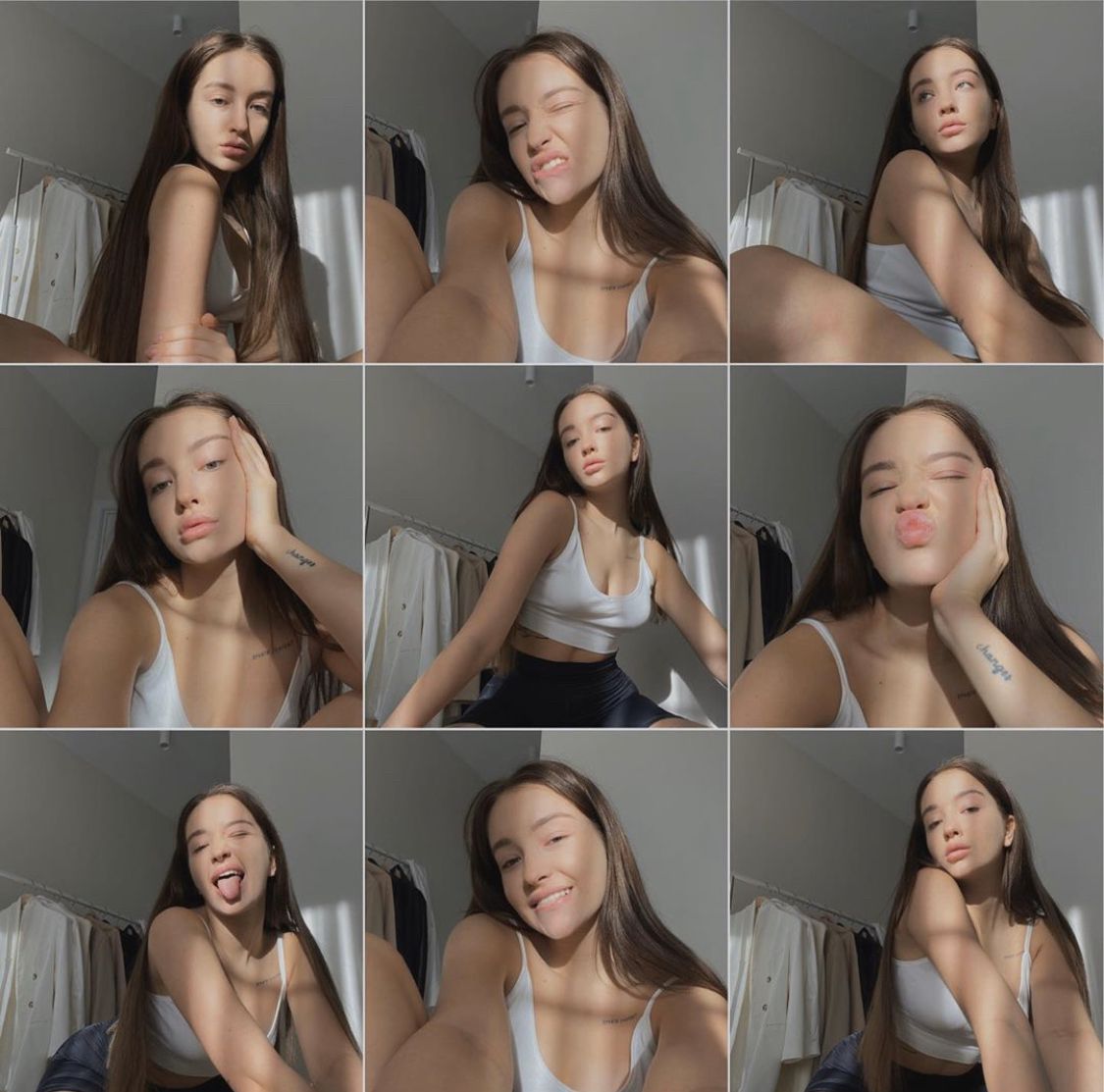 A photo collage of a girl showing different poses for selfies.