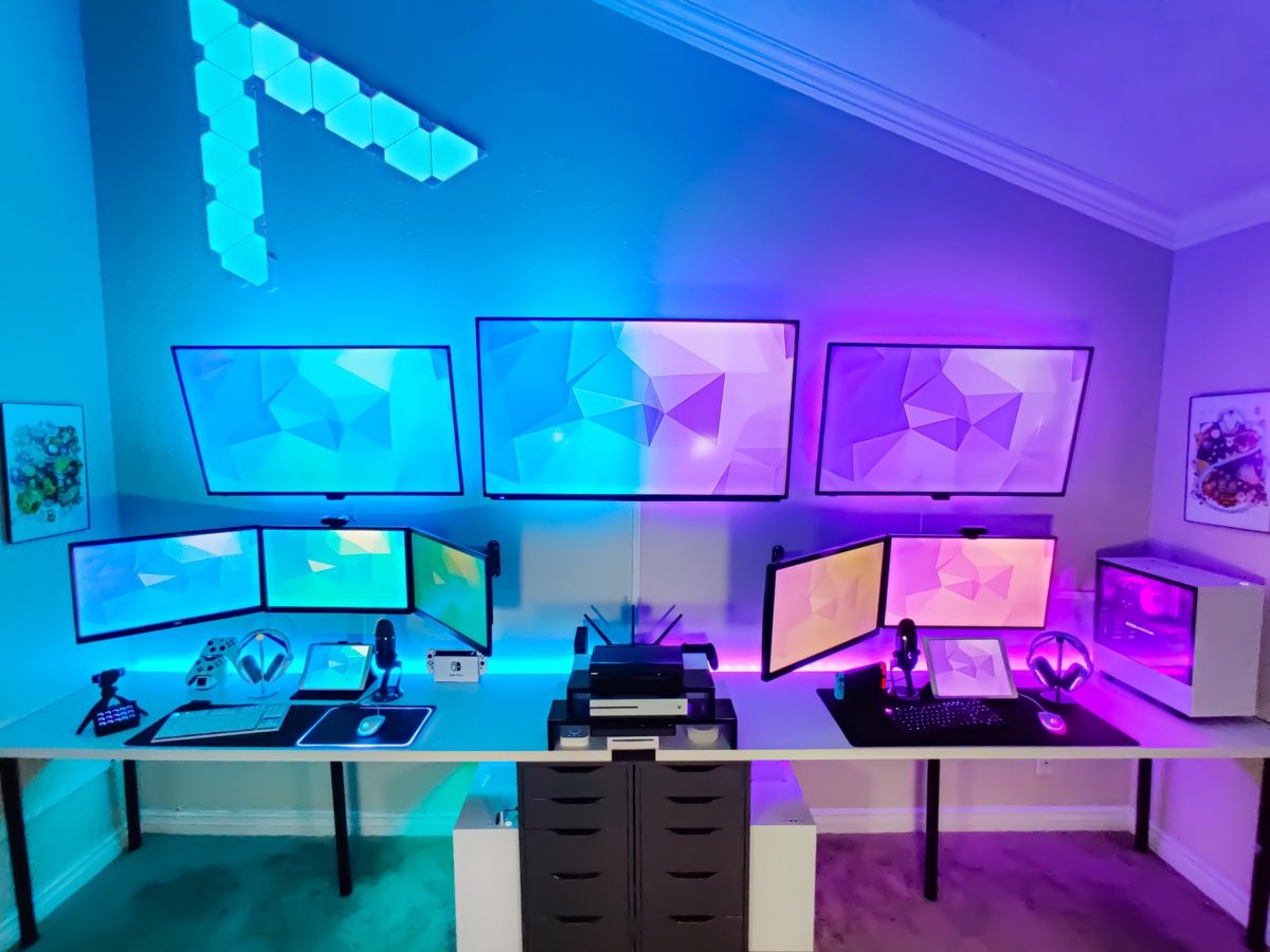 Aesthetic White Couple Gaming Setup with Purple RGB Lights