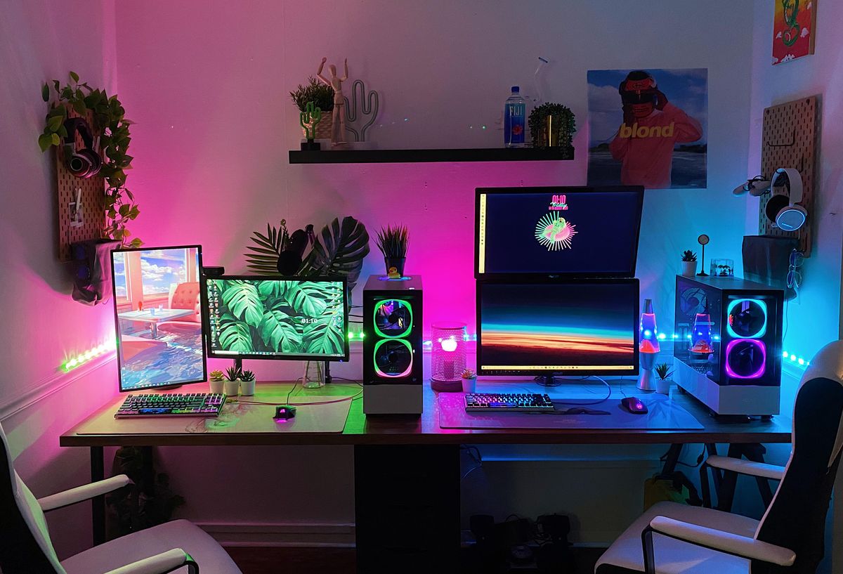 Colorful couple’s gaming setup featuring small potted plants.