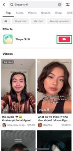 screenshot of search results for “shape shift” on TikTok, including the filter effect needed if you want to know how to do celebrity look-alike on TikTok