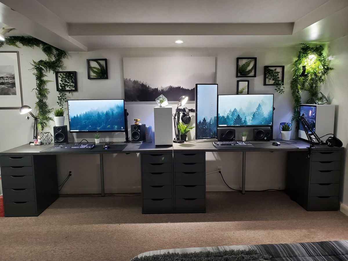 Black and white couple gaming station with faux plant decoration.