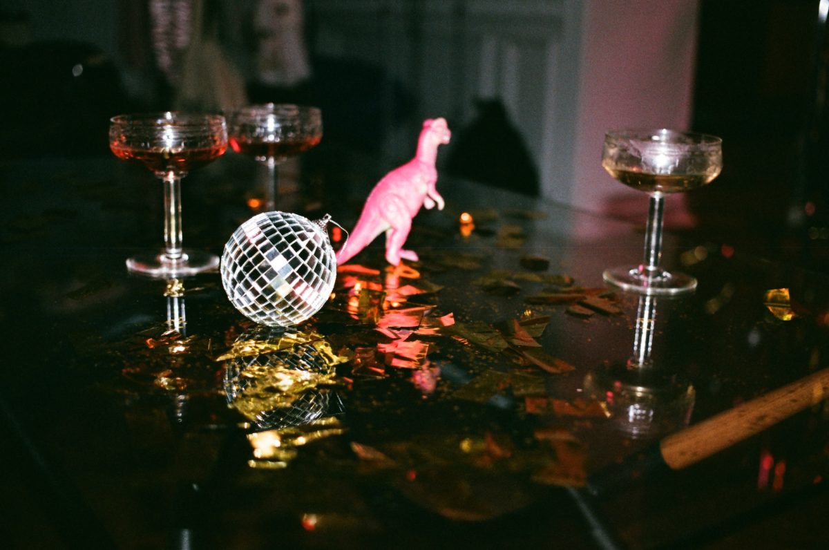 Cocktail glasses on a party table.