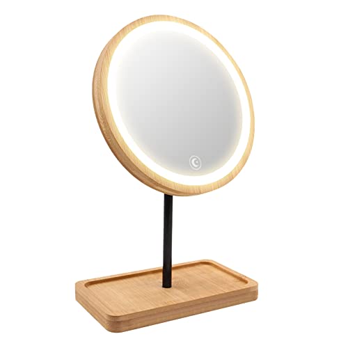 Kimikata Makeup Mirror with LED Lights and Bamboo Wood Organizer