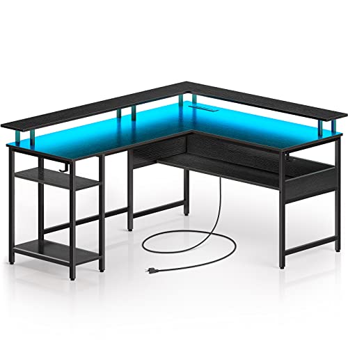 Rolanstar L Shaped Computer Desk with LED Lights and Power Outlets