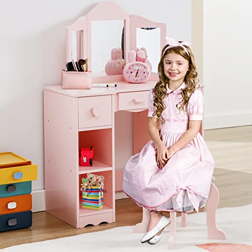 Kids Vanity Set with Mirror and Stool