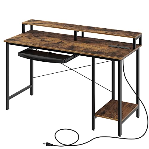 Rolanstar Computer Desk with Power Outlet and Monitor Stand Shelf