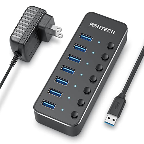 RSHTECH 7 Port Powered USB Hub Expander