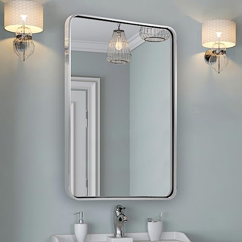 Chrome Bathroom Mirror, 22x30’’ Rounded Rectangle Mirror