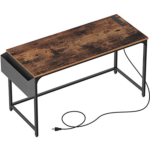 Rustic Brown Computer Desk with Power Outlet, USB Ports, and Storage