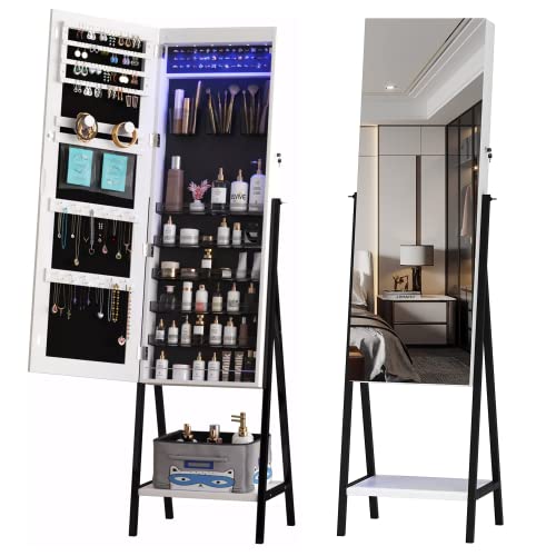 LVSOMT 6 LED Standing Mirror Jewelry Cabinet