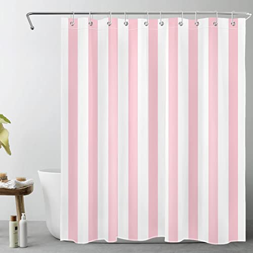 Pink and White Striped Fabric Shower Curtain