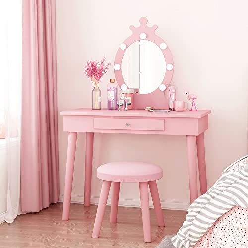 Drefure Kids Vanity with Lighted Mirror and Stool