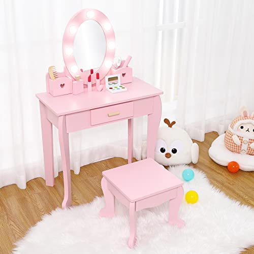 Girls' Vanity Table and Chair Set with Lights, Pink