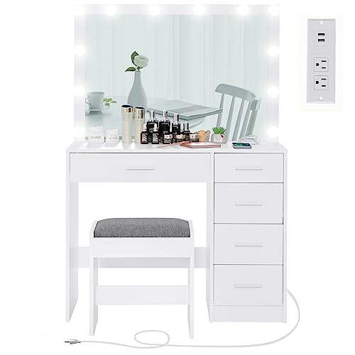 USIKEY Makeup Vanity Table with Large Lighted Mirror