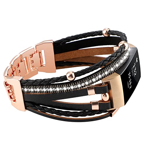 Boho Leather Band for Fitbit Charge 4/3/3SE - Black Rose Gold
