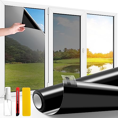One Way Mirror Window Film Daytime Privacy Heat Control Film Solar Film Non-Adhesive Window Tint for Home and Office Black & Silver 6 Mil 23.6 Inch