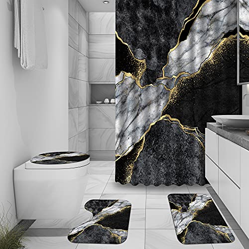 Marble Shower Curtain Set with Gold Cracked Lines