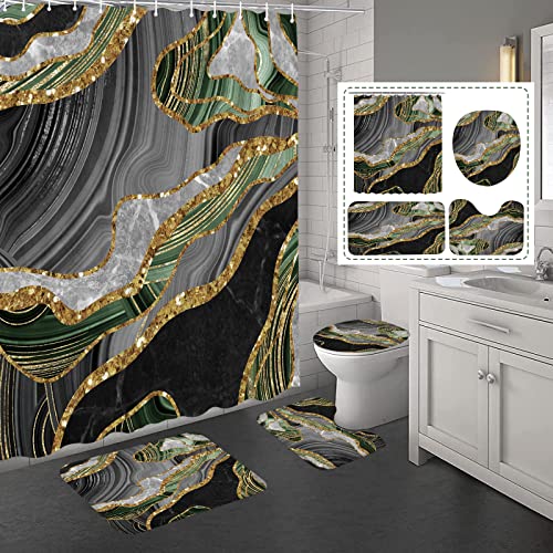 Green Marble Shower Curtain with Rugs Set