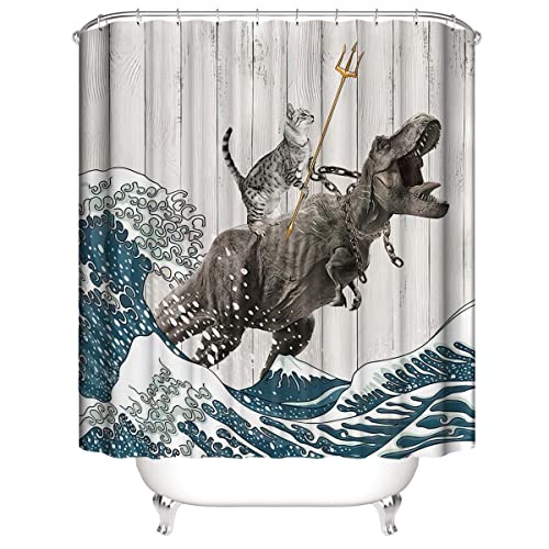 Premium Grey Farmhouse Cat Riding Dinosaur Shower Curtain