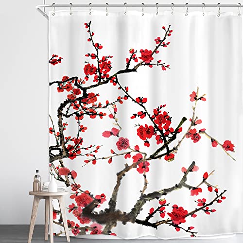Red Floral Shower Curtain for Bathroom