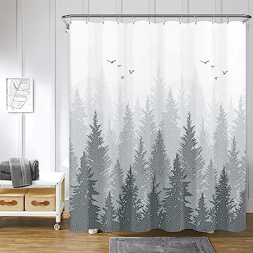 Nature-themed Shower Curtain with Misty Forest Design