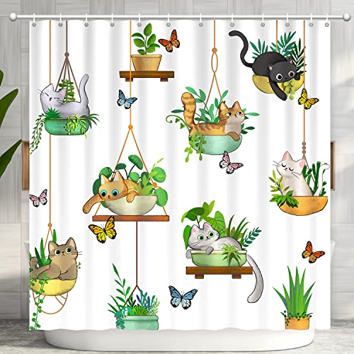 Potted Plants Cat Shower Curtain