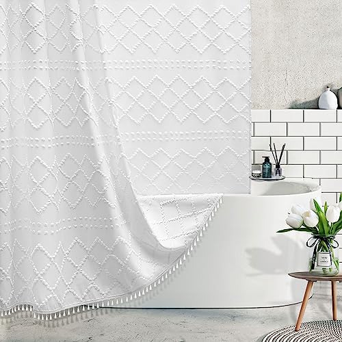 Boho White Woven Fabric Shower Curtain
