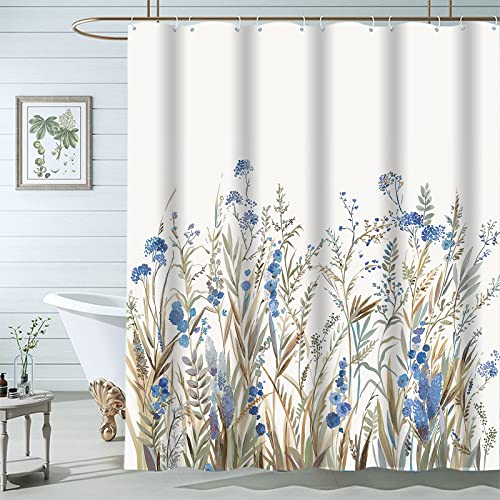 Blue Floral Shower Curtain Set - Rustic Country Farmhouse Design