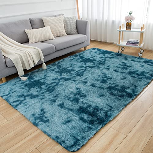 Plush Living Room Rug, Tie-Dyed Blue Grey Carpet
