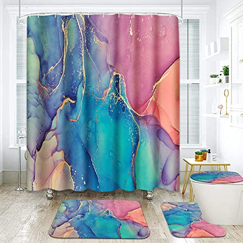 Pink and Green Marble Texture Shower Curtain Set