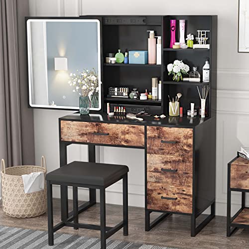 IRONCK Vanity Desk Set with Large LED Lighted Mirror & Power Outlet, 7  Drawers Dressing Makeup Table , for Bedroom, Industrial Style Vintage Brown