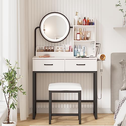 White Vanity Makeup Table with Lights and Charging Station