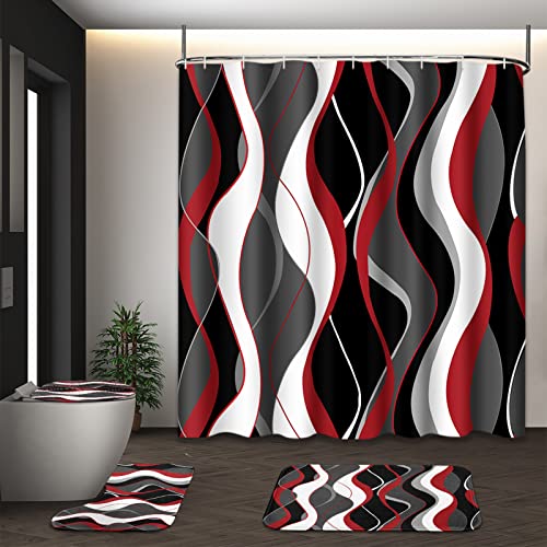 Red Shower Curtain Set with Toilet Lid Cover and Non-Slip Rugs