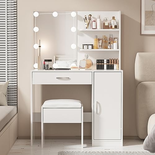 White Makeup Vanity with Lights and Storage