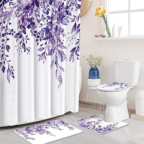 Tititex Purple Eucalyptus Leaves Shower Curtain Set 4PCs
