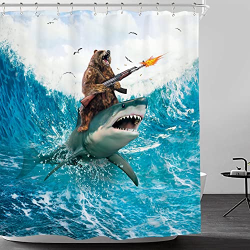 Funny Shower Curtain with Bear Riding Shark Design