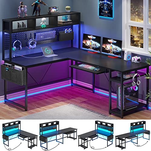 SEDETA L Shaped Gaming Desk with Power Outlet, Pegboard, and LED Lights
