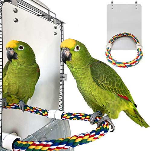 Large Stainless Steel Bird Mirror with Rope Perch