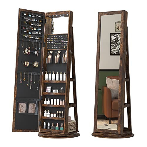 LVSOMT Swivel Jewelry Cabinet with Full-Length Mirror
