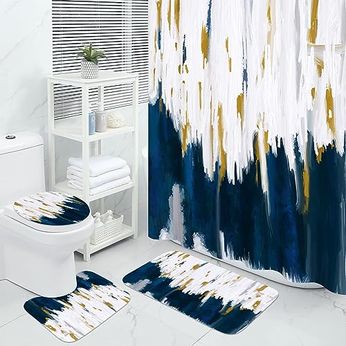 MitoVilla Navy Blue Shower Curtain Sets with Rugs