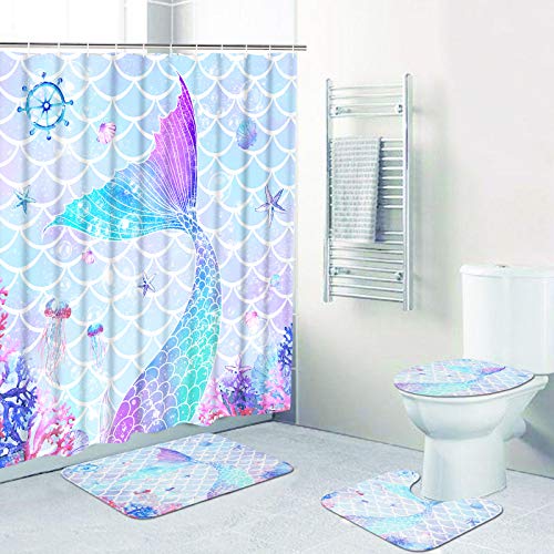 Mermaid Shower Curtain Set with Non-Slip Rugs